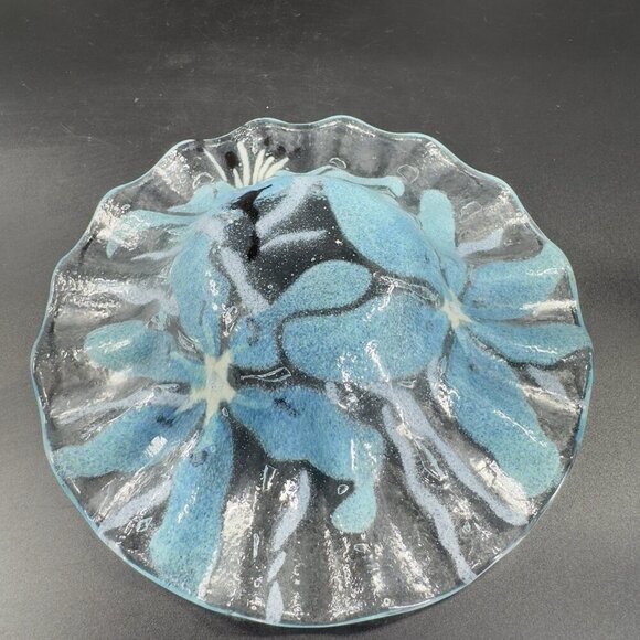Sydenstricker Bowl Dish Fused Art Glass Ruffled Bowl Clear Blue Flowers Signed - Picture 13 of 15